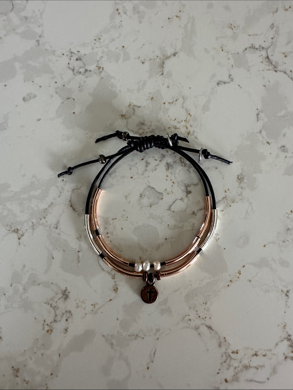 Adjustable Black Cord Bracelet with Rose Gold & Silver Accents